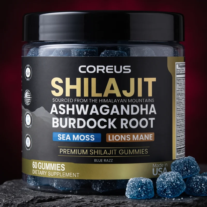 COREUS Alpha Stack jar with blue razz gummies