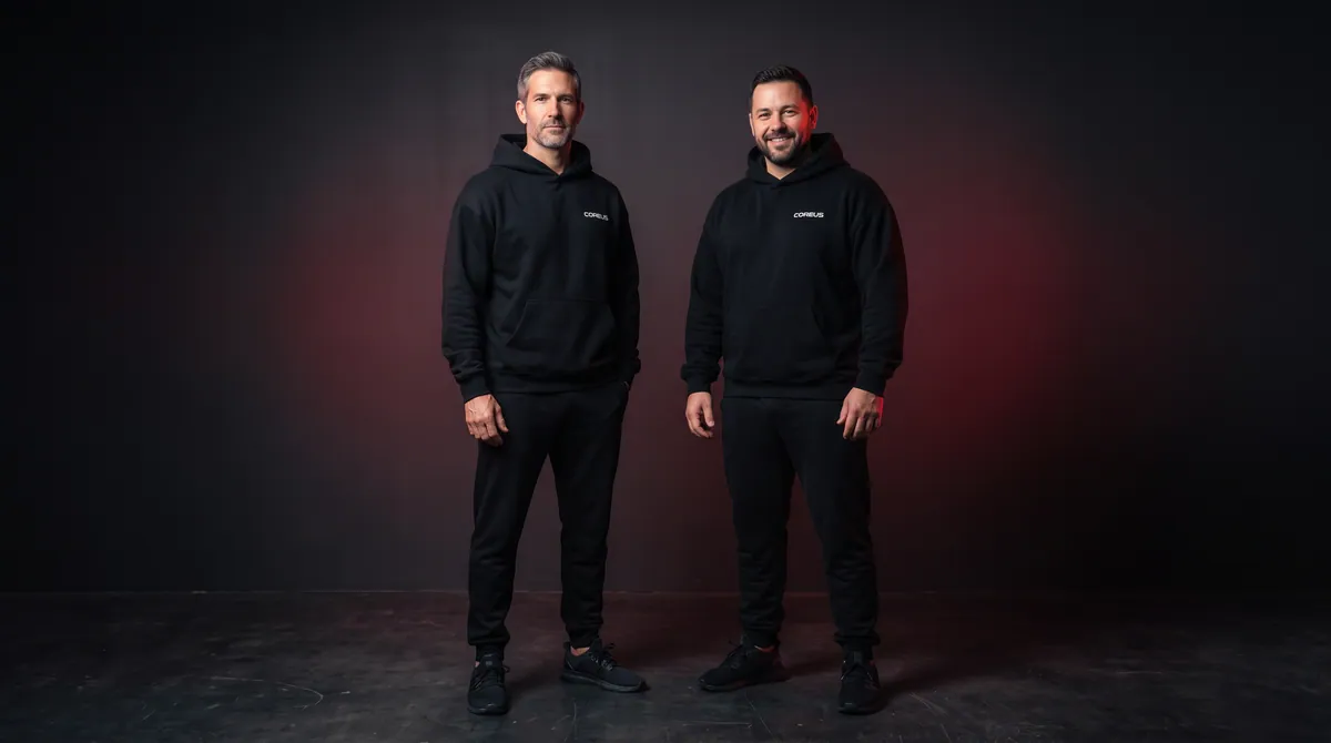 Two Coreus athletes in black hoodies and joggers