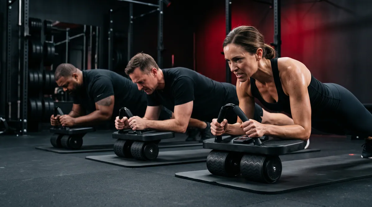 Three people training together with Coreus rollers in a studio