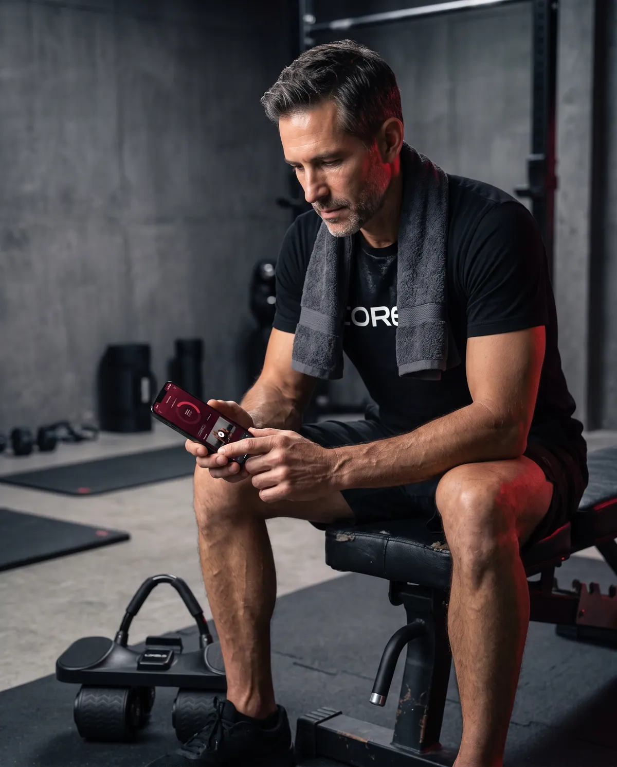 Athlete checking a training lesson on his phone after a session