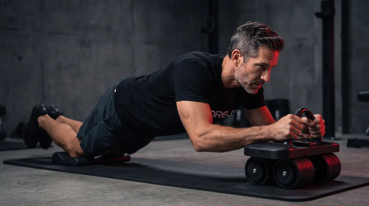 Athlete performing a controlled ab rollout on the Coreus roller