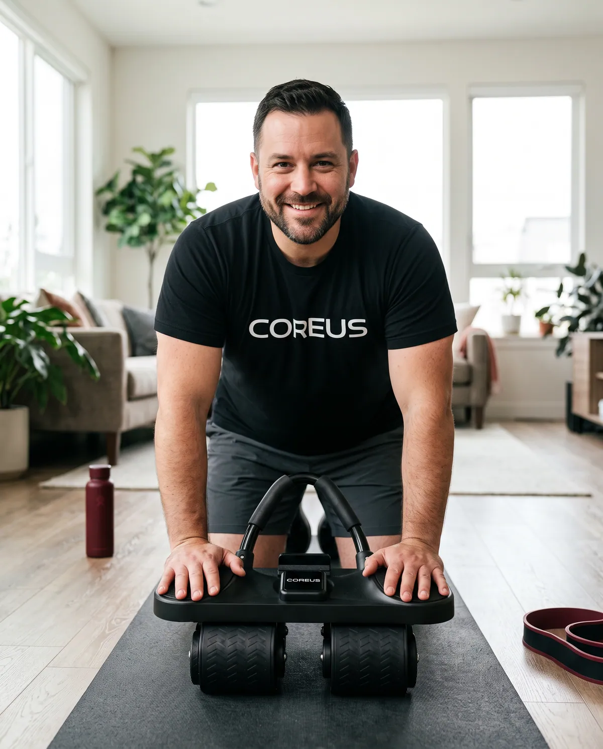 Smiling everyday athlete kneeling with the Coreus roller at home