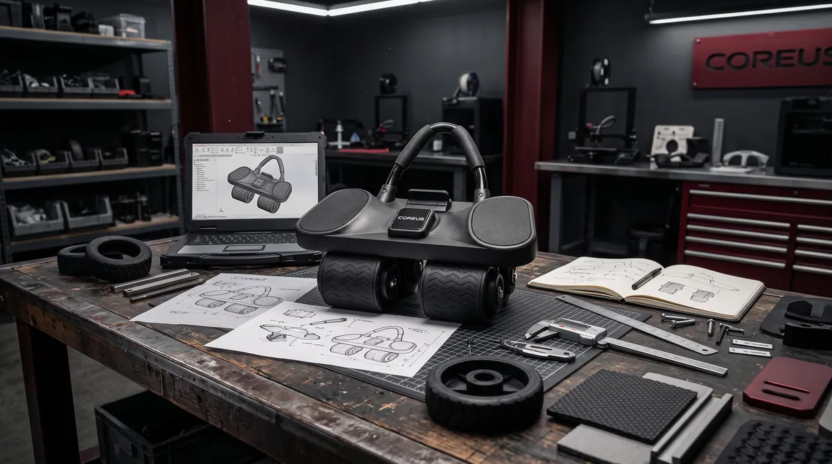 Coreus Ab Roller Pro on a design workbench with sketches and wheel samples