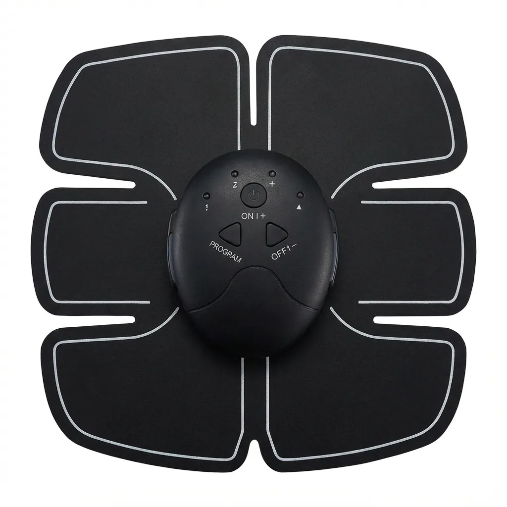Black electronic muscle stimulator with control pad and petal-shaped electrodes.