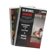 Two books, one showing a person using an ab wheel, the other showing food items.