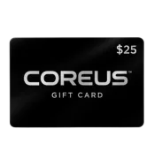 Black gift card with 'COREUS' text and $25 value.