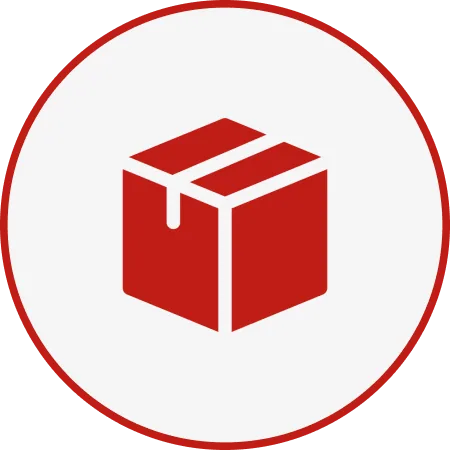 Red box icon within a white circle with a red border.